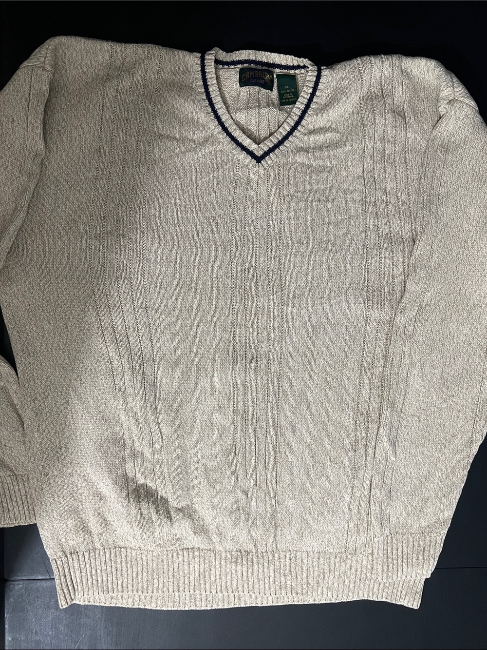 Men’s V-Neck Sweater in Cream with Navy Trim
